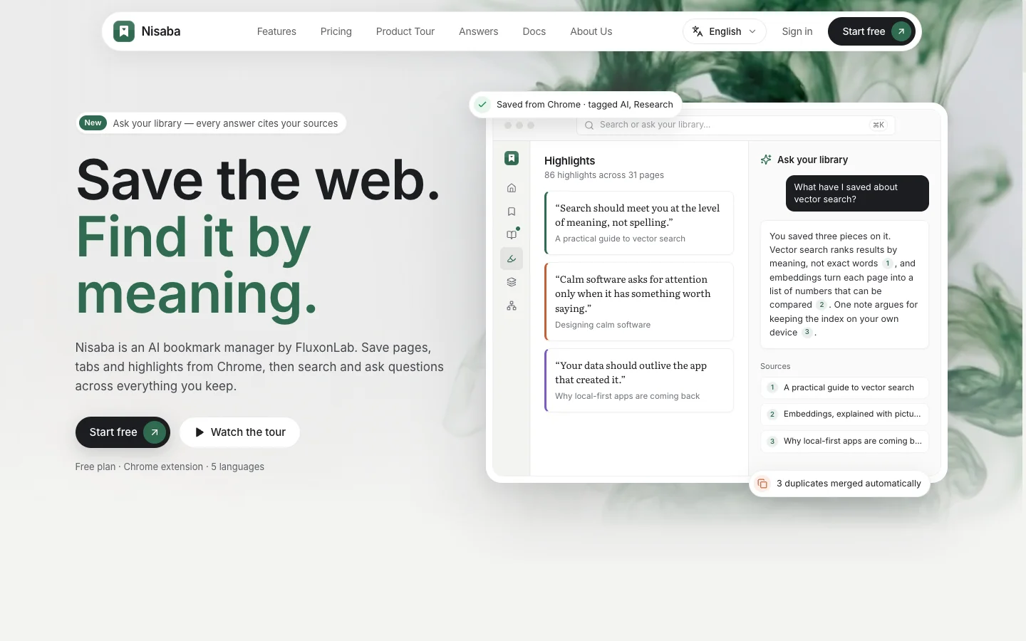 Nisaba live homepage showing a bookmark library and answers with source citations
